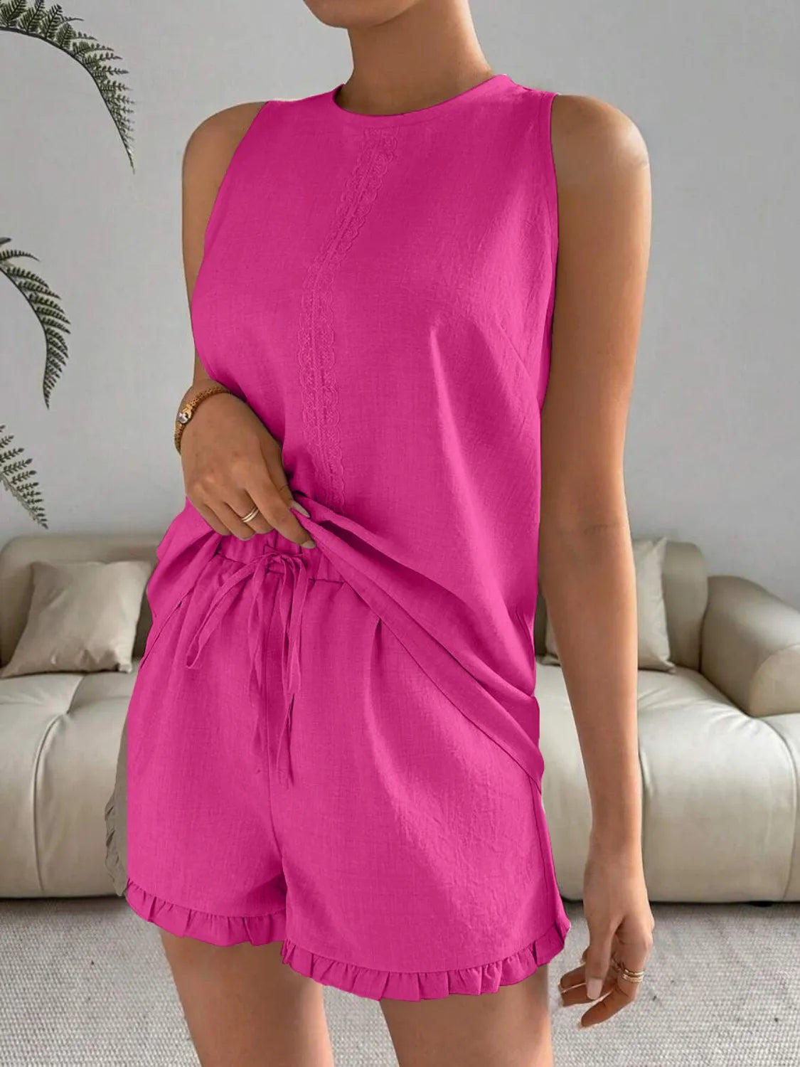 Lace Detail Round Neck Tank and Shorts Set - kinko