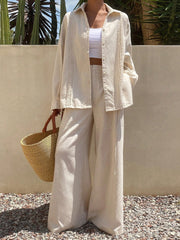 Women's Summer Solid Color Pleated Shirt And Wide Leg Pants - kinko