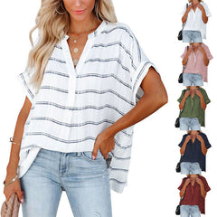 Women's Short Sleeve Thin V-neck Pullover Loose Shirt - kinko