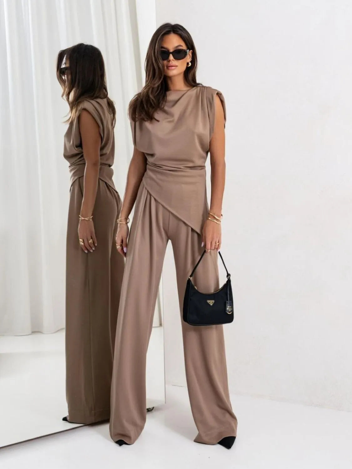 Slit Ruched Top and Wide Leg Pants Set - kinko