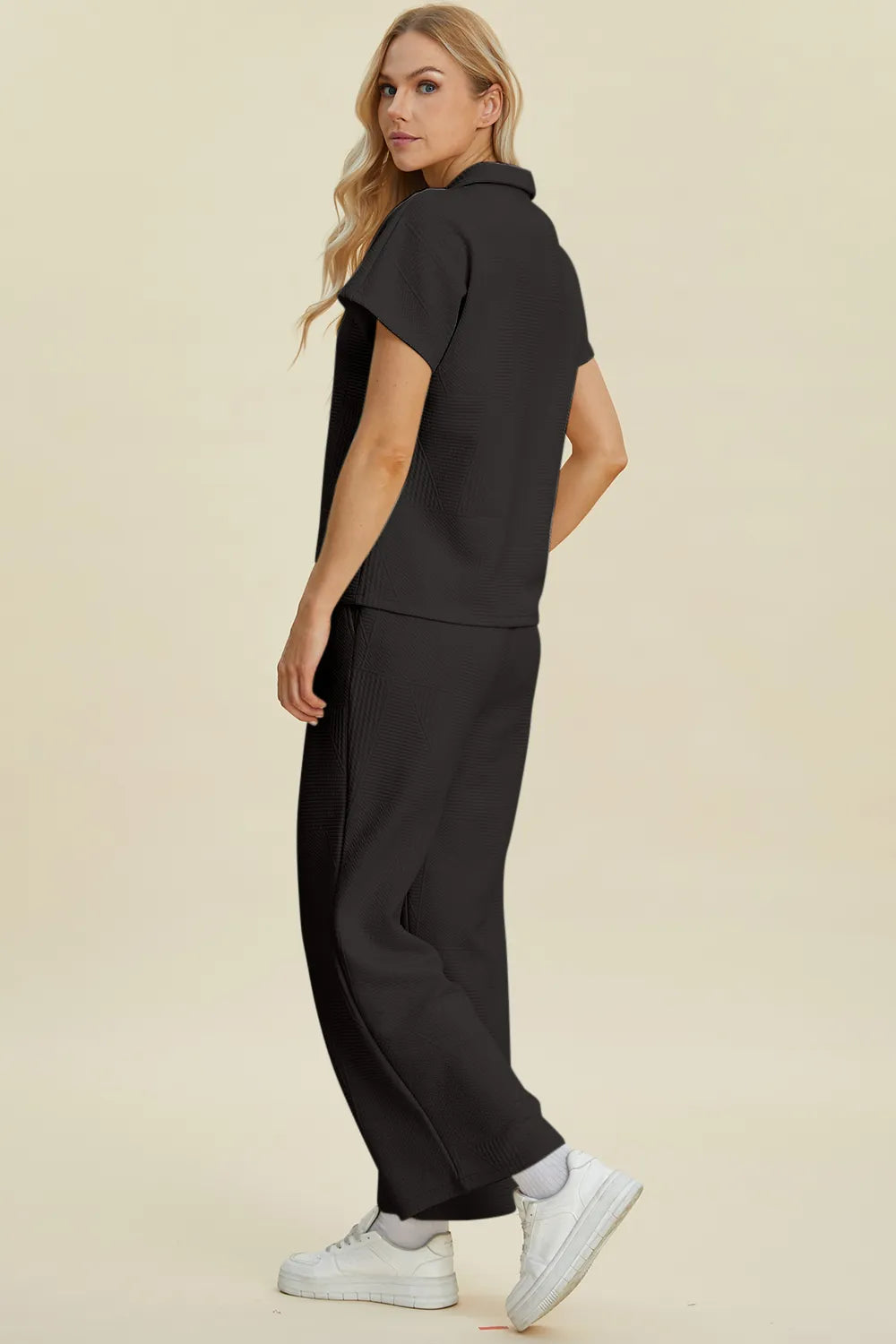 Double Take Full Size Collared Neck Short Sleeve Top and Pants Set - kinko