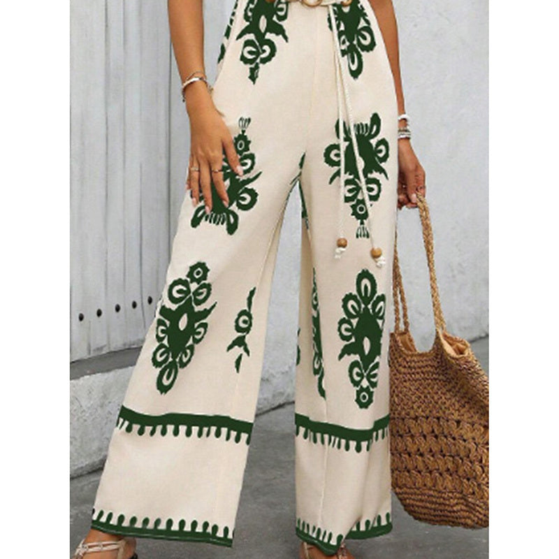 Women's Summer Boho Jumpsuits One Piece Beach Vacation Outfits Shirred Strap Wide Leg Pants Rompers With Pockets - kinko