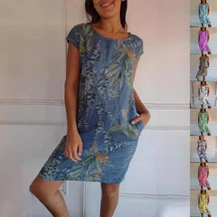 Flower And Leaf Printed Straight Dress Summer Loose Round Neck Short Sleeve Dresses Womens Clothing - kinko