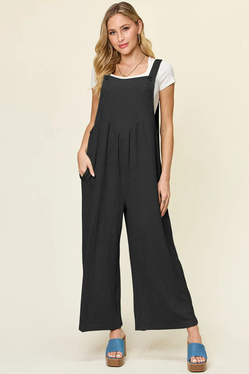 Double Take Full Size Texture Sleeveless Wide Leg Overall - kinko