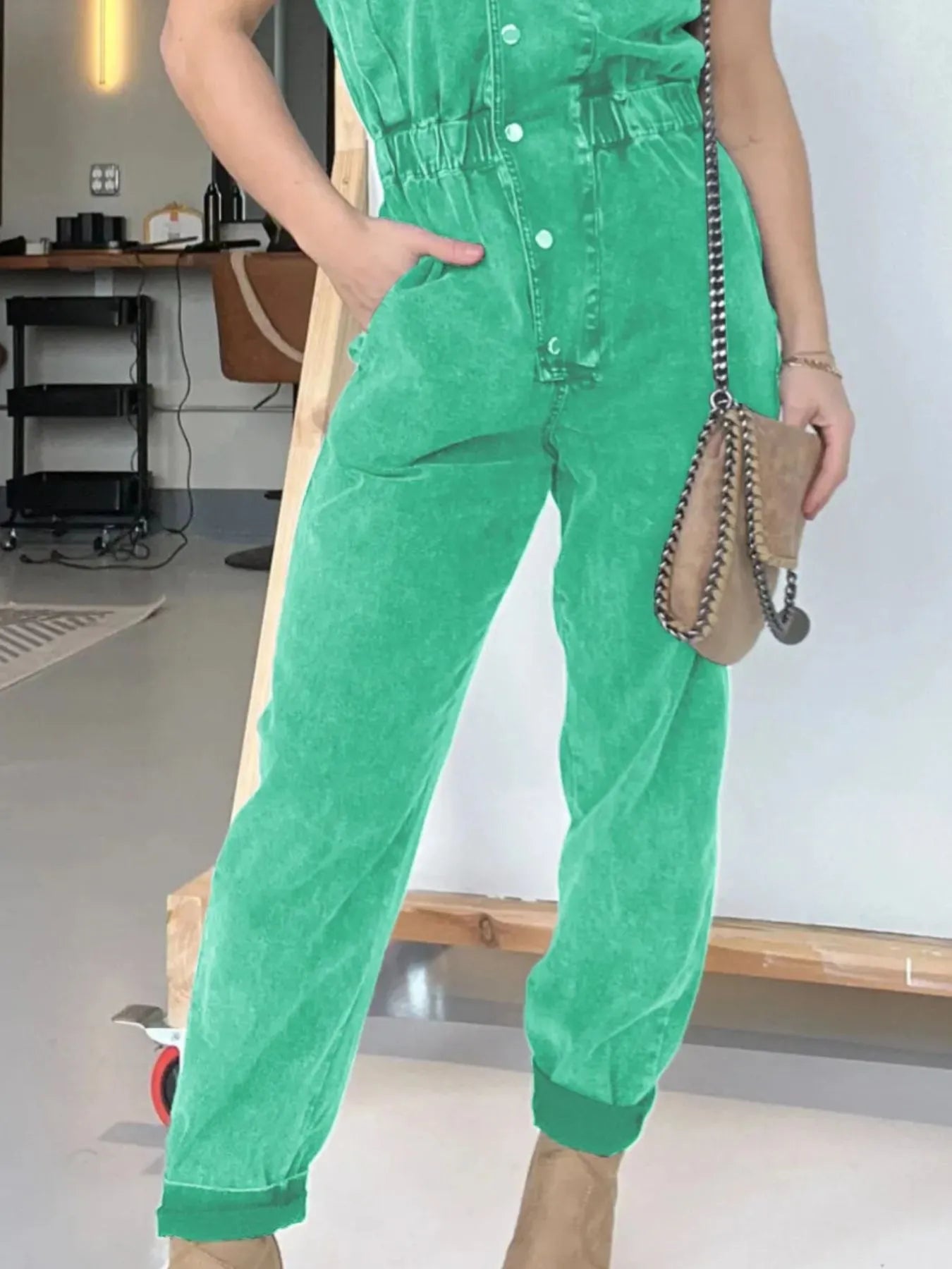 Full Size Button Front Cap Sleeve Denim Jumpsuit Plus Size - kinko