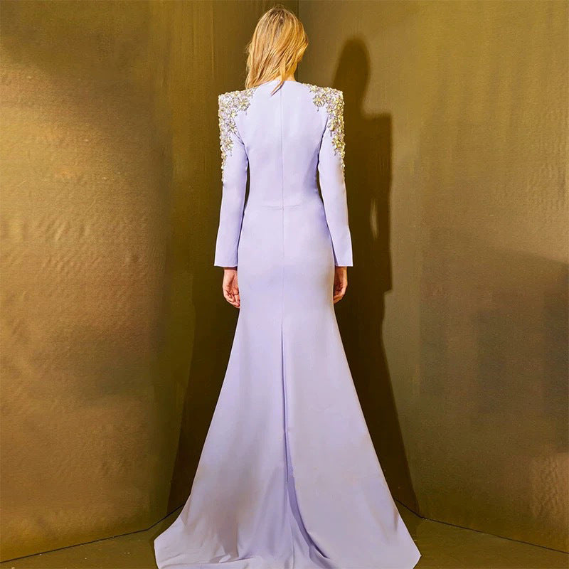 Heavy Industry Beads Diamond Front Slit Small Trailing Dress - kinko