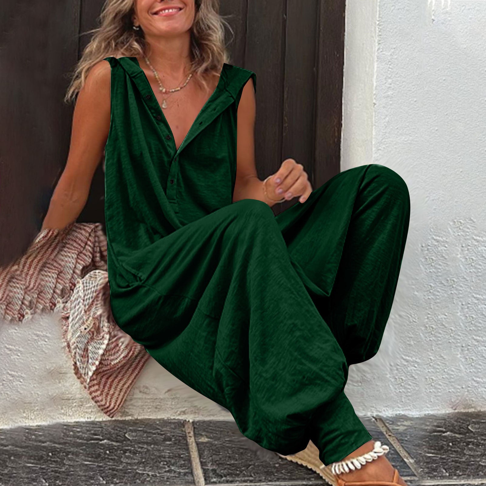 Hot Selling Button Up Hooded Sleeveless Pants In Stock, Jumpsuit With Pockets - kinko