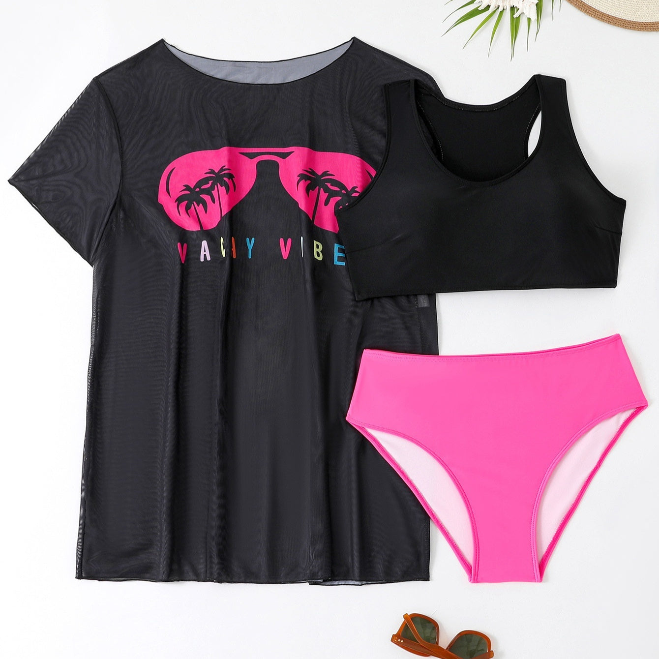 New Swimwear Mesh See-through Blouse Plus Size Swimsuit Bikini Three-piece Set - kinko