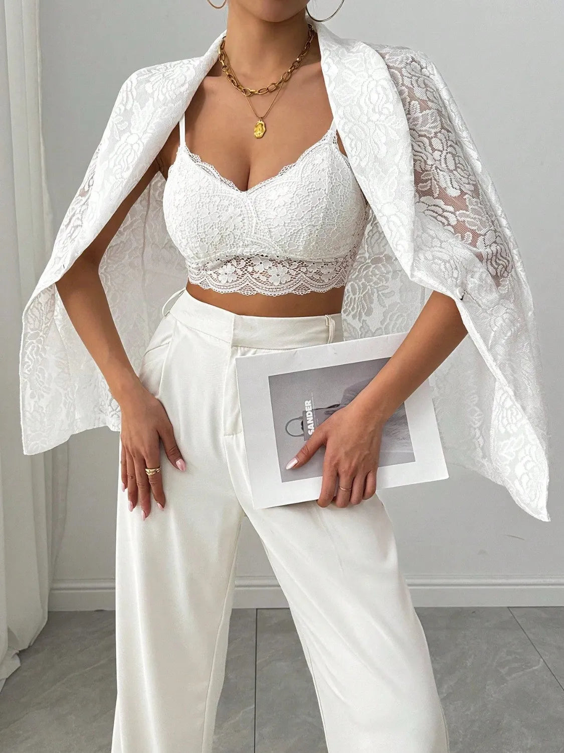 Lace Lapel Collar Long Sleeve Blazer - kinko