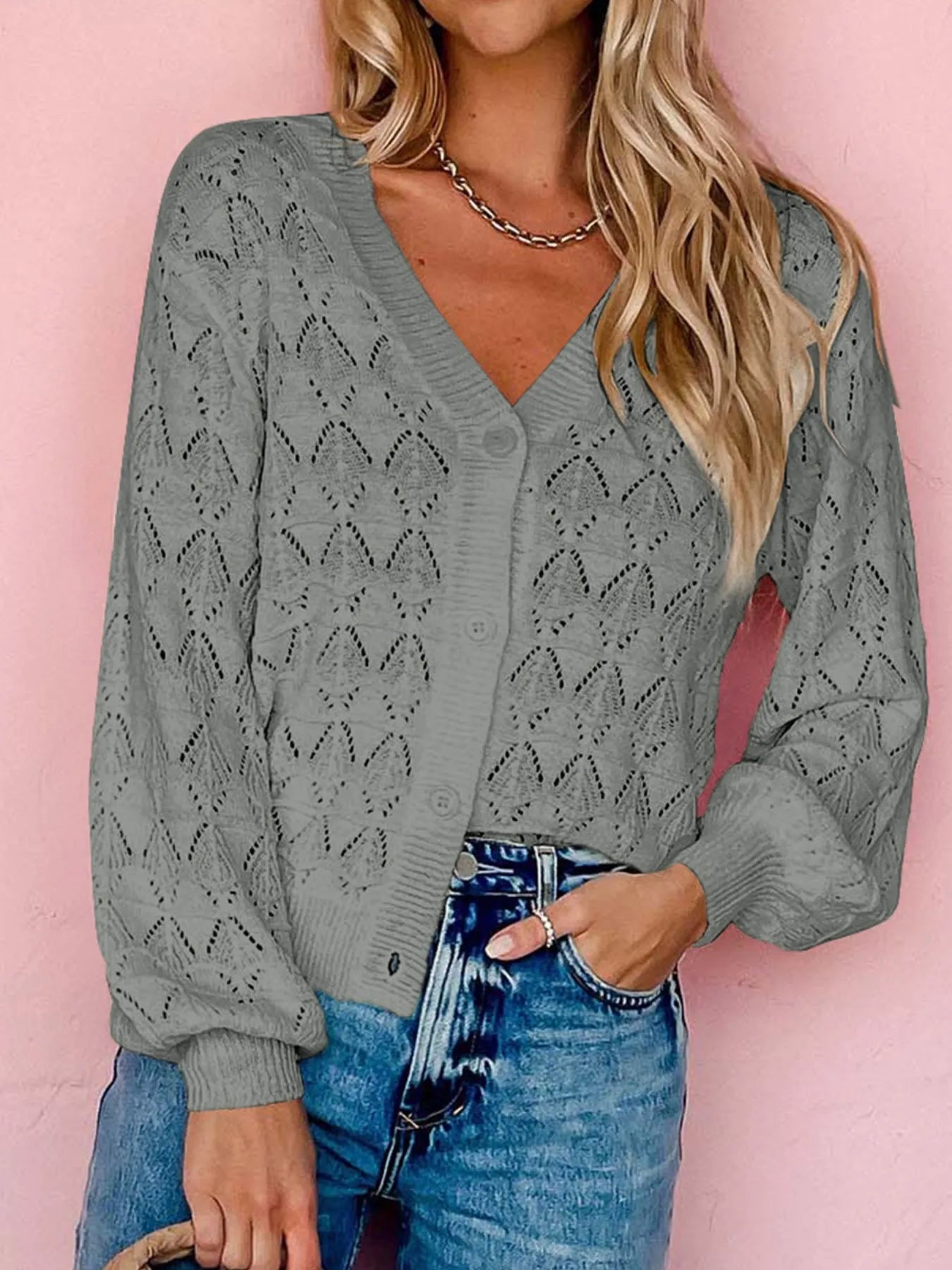 Buttoned Front Openwork Cardigan - kinko