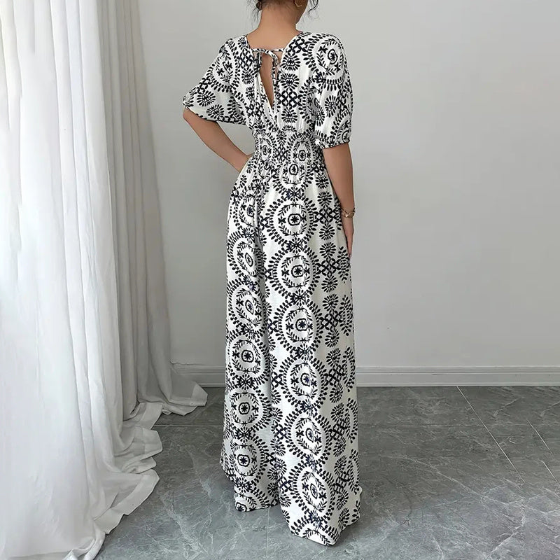 Womens Jumpsuits Short Sleeve V Neck Smocked Dressy Casual Wide Leg Pants Romper 2025 Summer One Piece Outfits - kinko