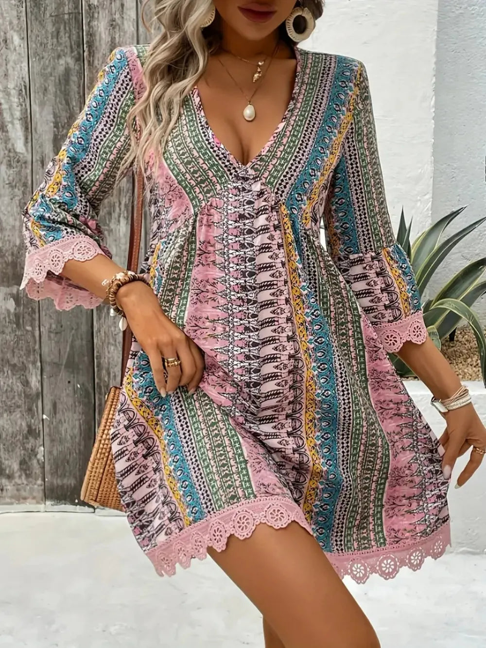 Lace Trim Printed V-Neck 3/4 Sleeve Dress - kinko