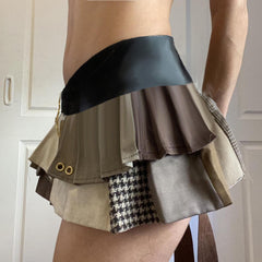 Retro Street Style Hot Girl Irregular Leather Patchwork Pleated Skirt - kinko