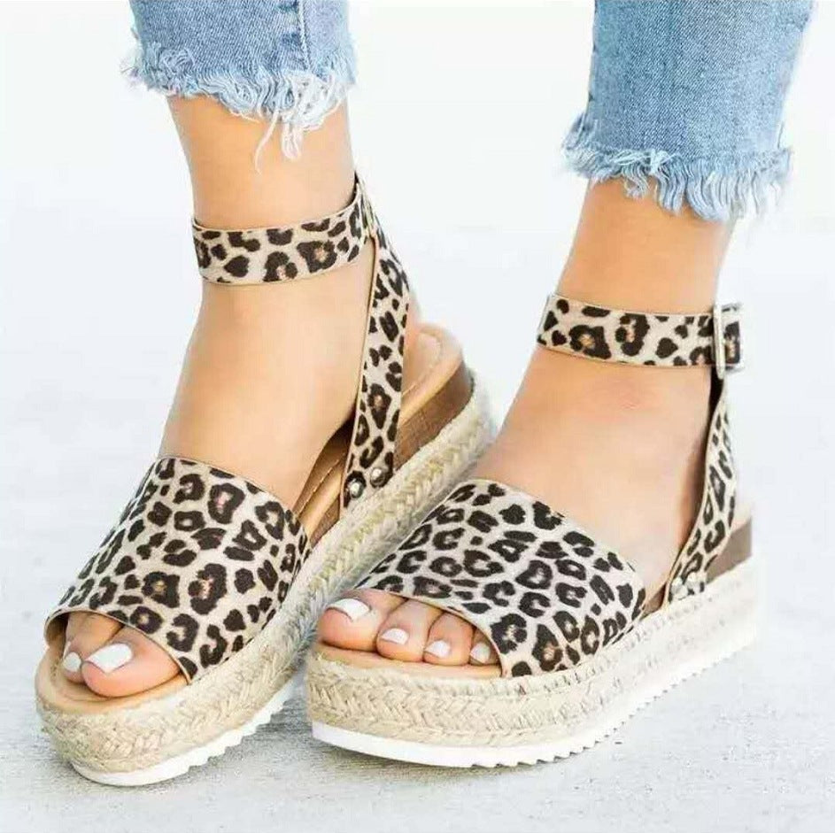 plus Size Summer Platform Heel Buckle Sandals Women Leopard Print Hemp Rope Woven Wedge - kinko Global Holdings inc