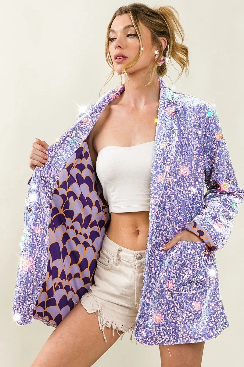 BiBi Velvet Sequins Patch Pockets Single Blazer - kinko
