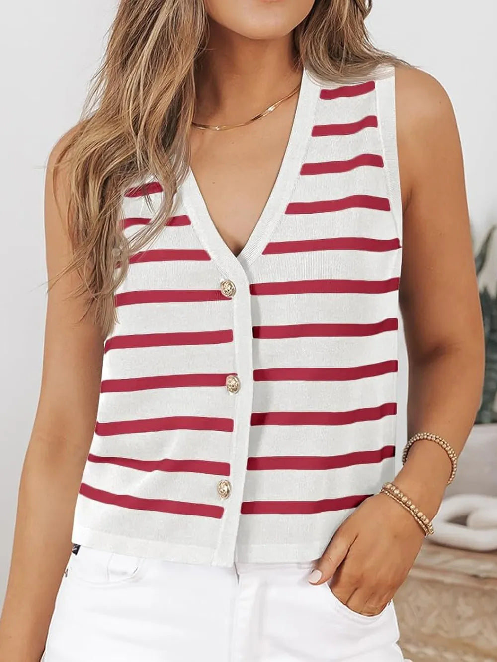 Striped V-Neck Knit Vest - kinko