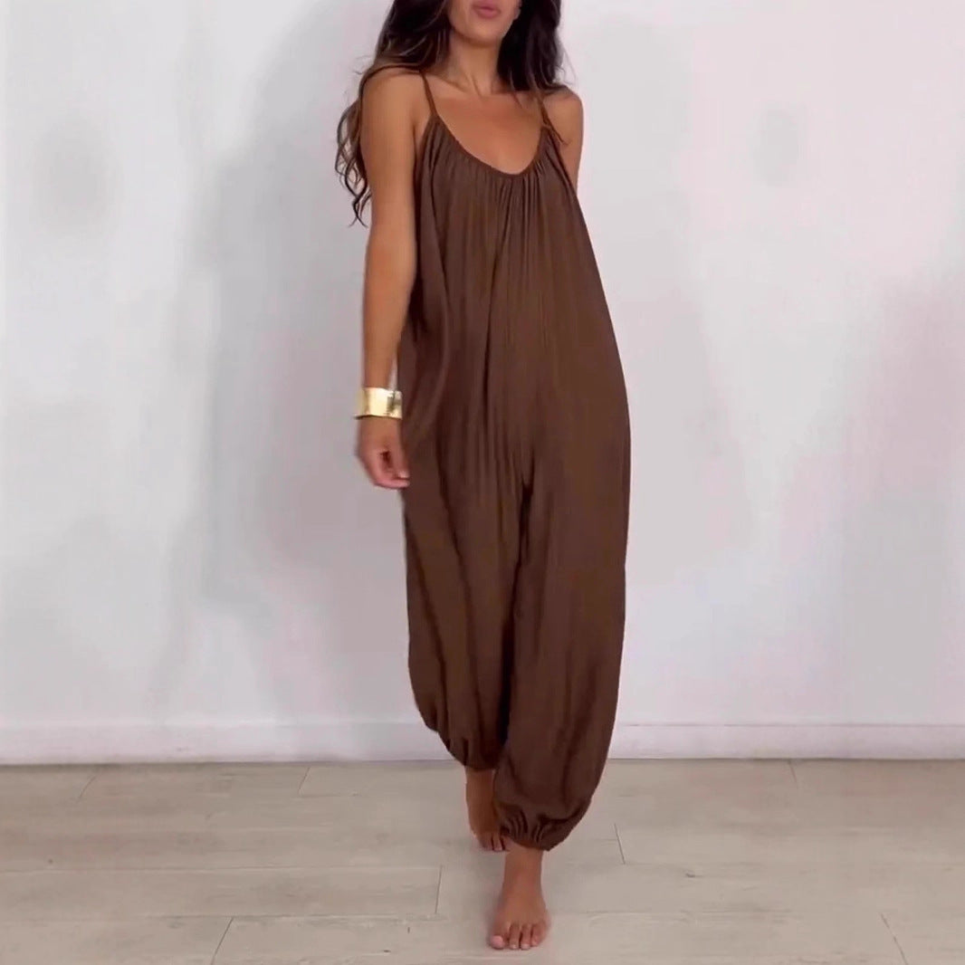 Loose Casual Solid Color Hollow-out Camisole Women's Jumpsuit - kinko