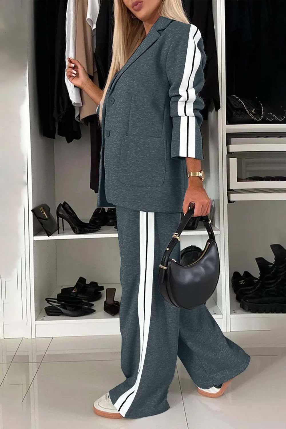Full Size Contrast Lapel Collar Top and Pants Set - kinko
