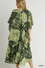 Umgee Satin Tropical Plant Print Open Front Kimono with Ruffle Details - kinko