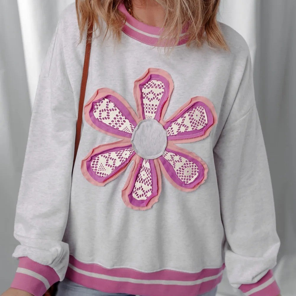 Gray Flower Patch Contrast Trim Crew Neck Sweatshirt - kinko