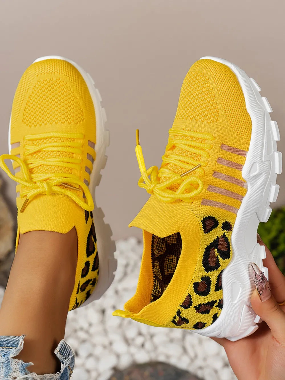 Cutout Leopard Lace Up Mesh Athletic - kinko