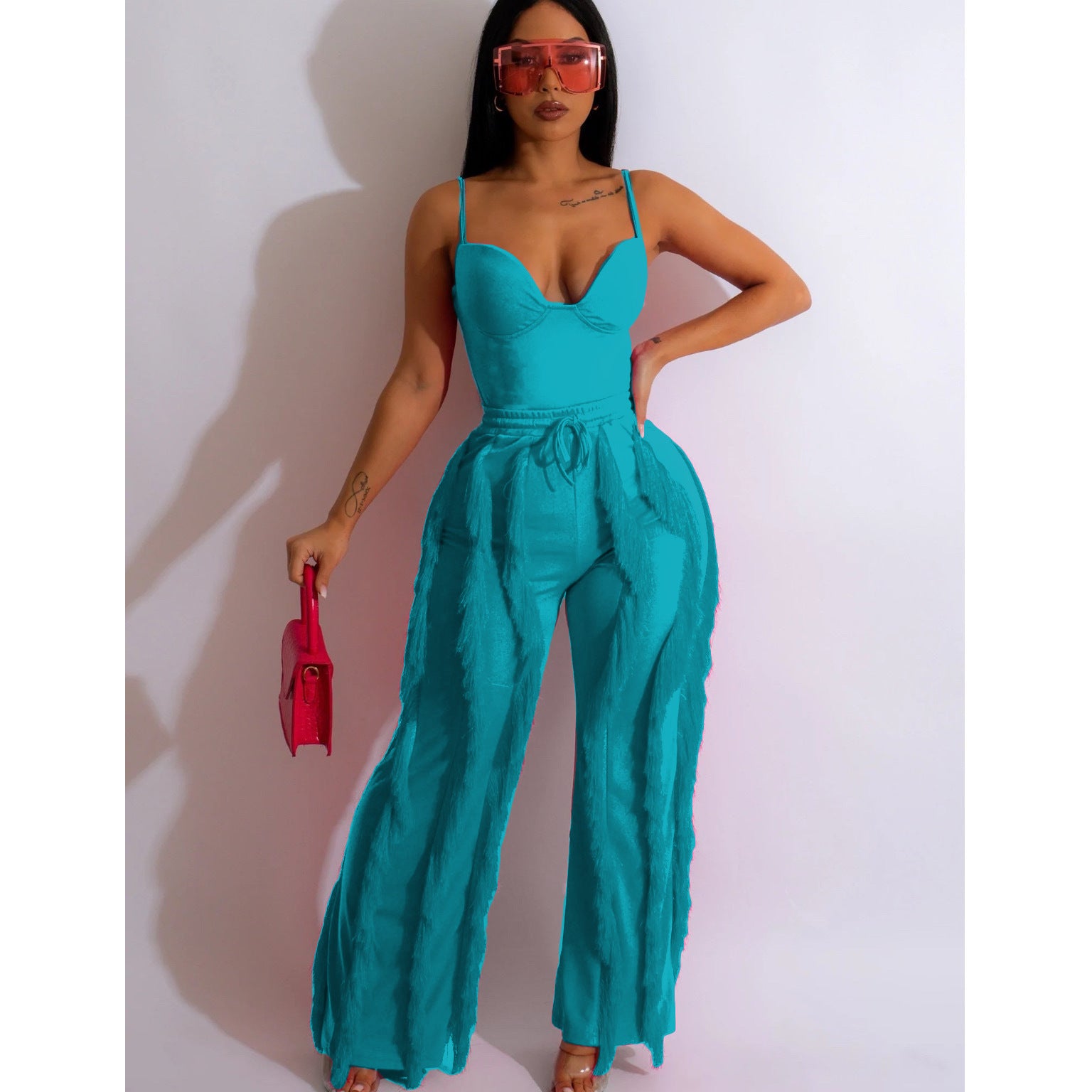 Solid Color Tassel Two-piece Suit - kinko