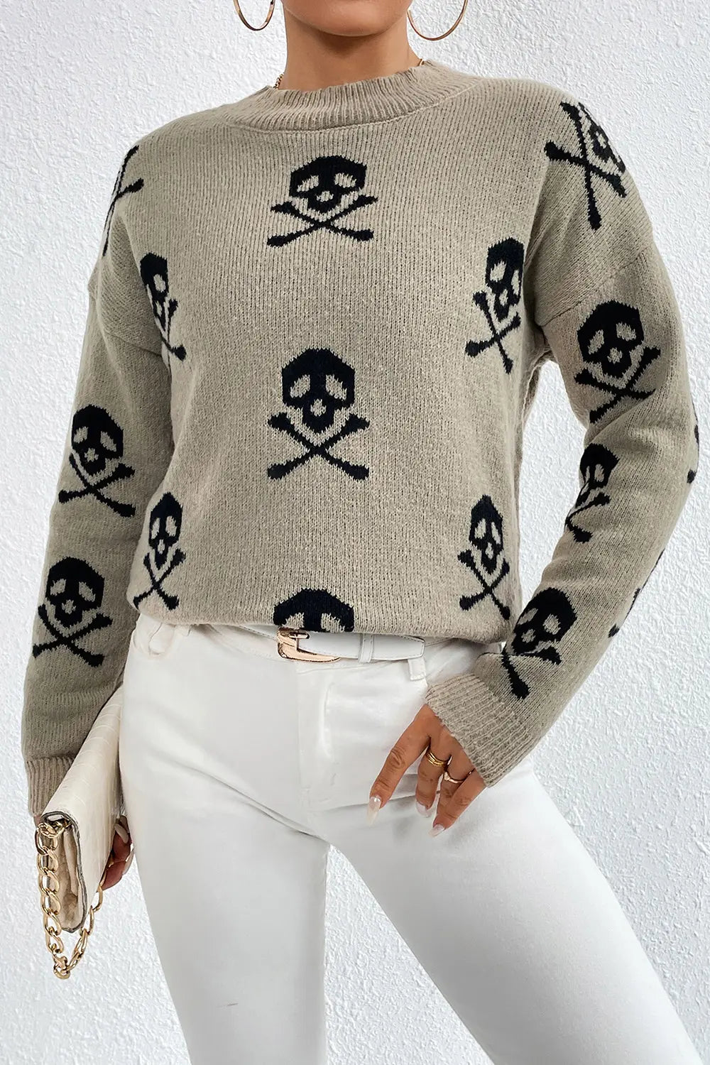 Graphic Mock Neck Dropped Shoulder Sweater - kinko