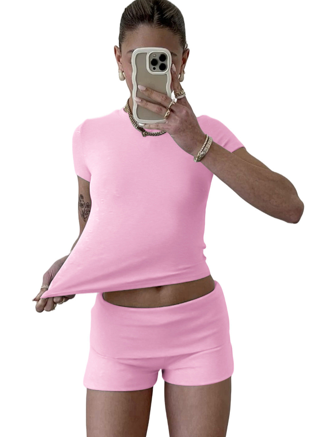 Casual Women's Workout Two-piece Short Sleeve High Waist Fold Bell-bottom Pants Shorts - kinko