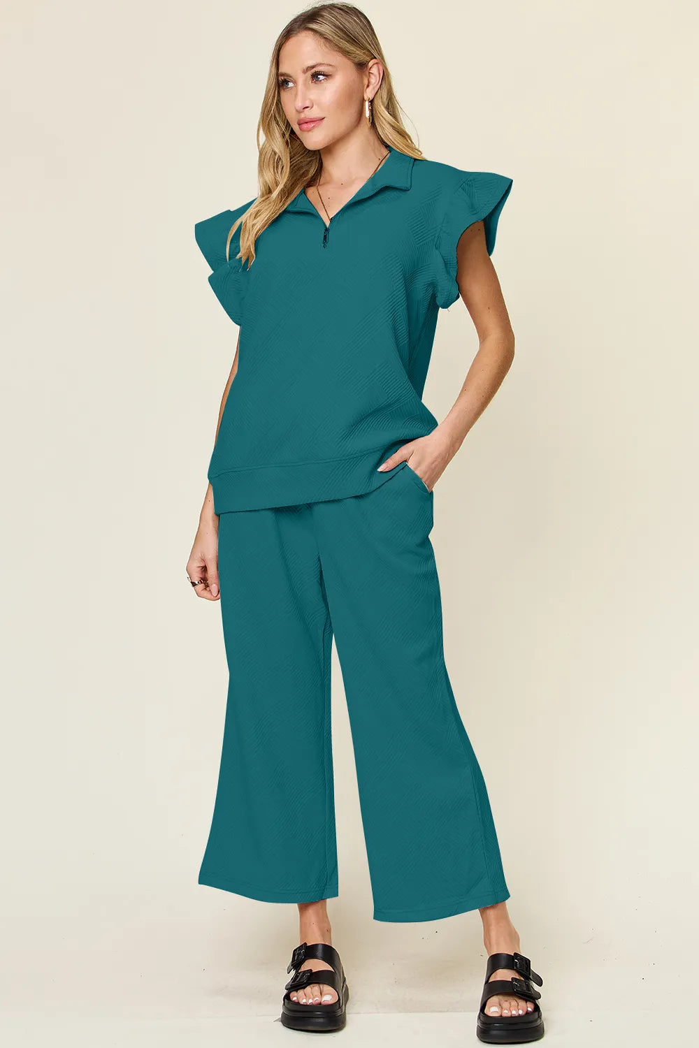 Double Take Texture Ruffle Short Sleeve Top and Drawstring Wide Leg Pants Set - kinko