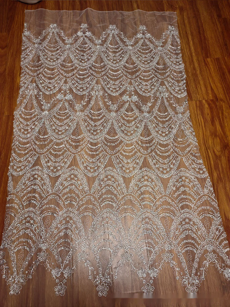 Wave Style Sequin Bead Lace Fabric Wedding Dress - kinko