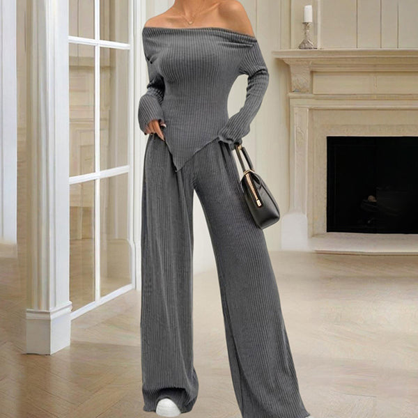 Einfarbiges, schulterfreies Langarm-Oberteil und Hosen-Set für Damen – Elegantes, asymmetrisches Saum- und Rüschenbündchen-Freizeitoutfit