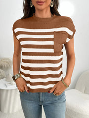 Striped Mock Neck Cap Sleeve Knit Top - kinko