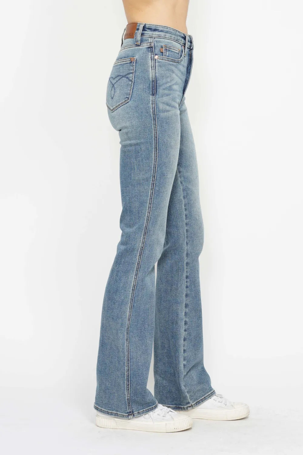 Judy Blue Full Size Tummy Control Back Embroidered Pocketed Bootcut Jeans Plus Size - kinko