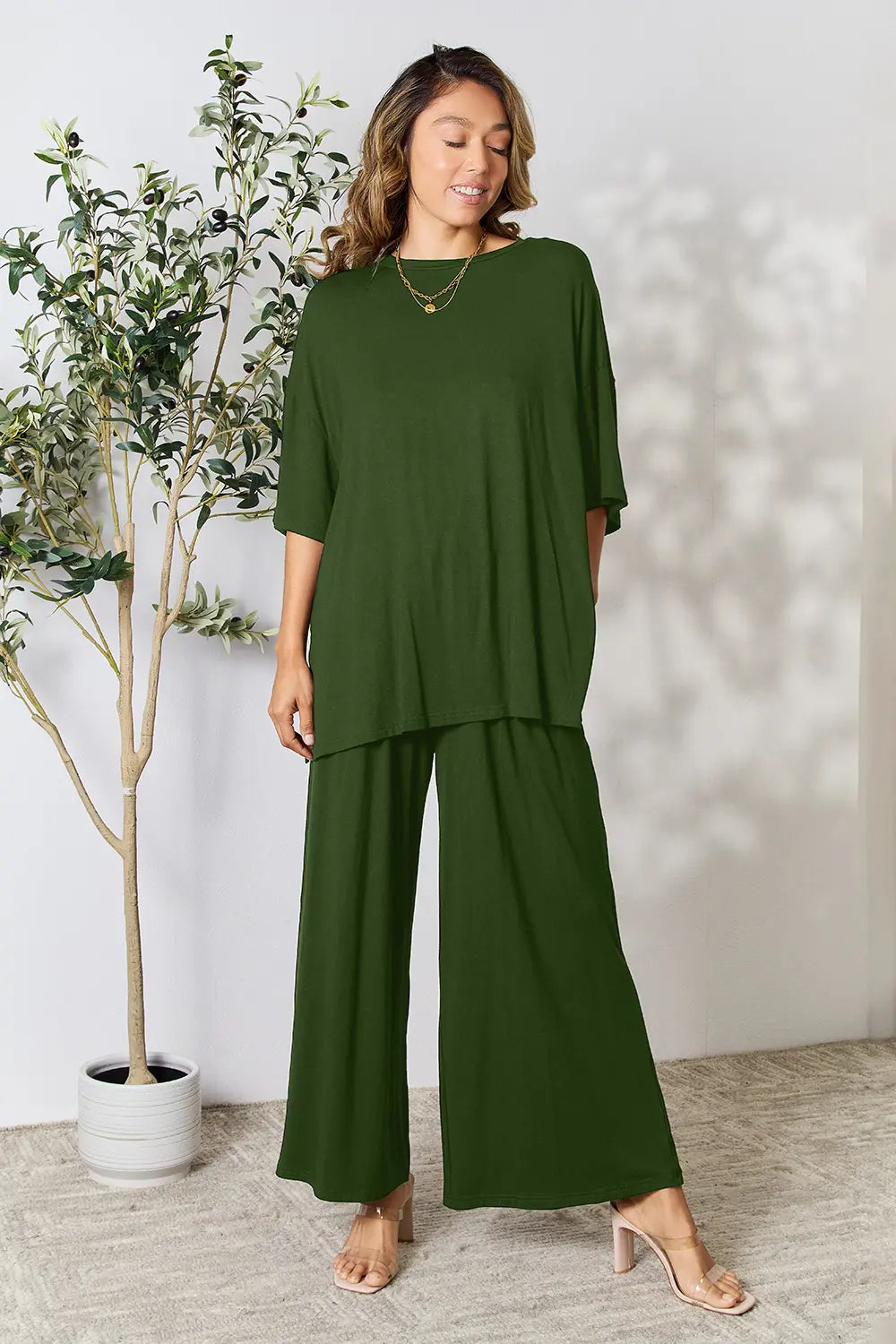 Double Take Full Size Round Neck Slit Top and Pants Set - kinko