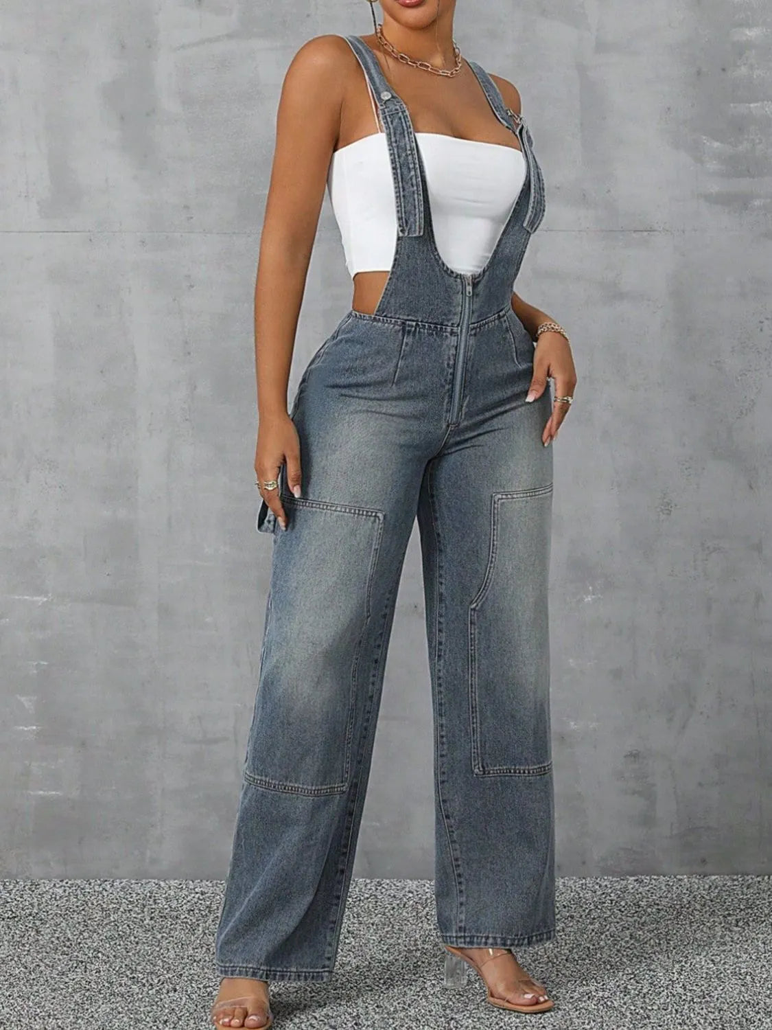 Zip Front Wide Strap Denim Overalls - kinko