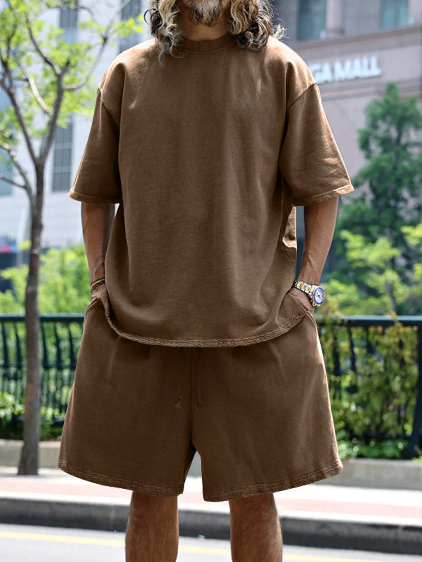 Men's Full Size Round Neck Short Sleeve Top and Shorts Set Plus Size - kinko