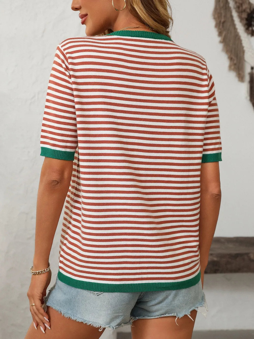 Mandy Striped Round Neck Half Sleeve Knit Top - kinko