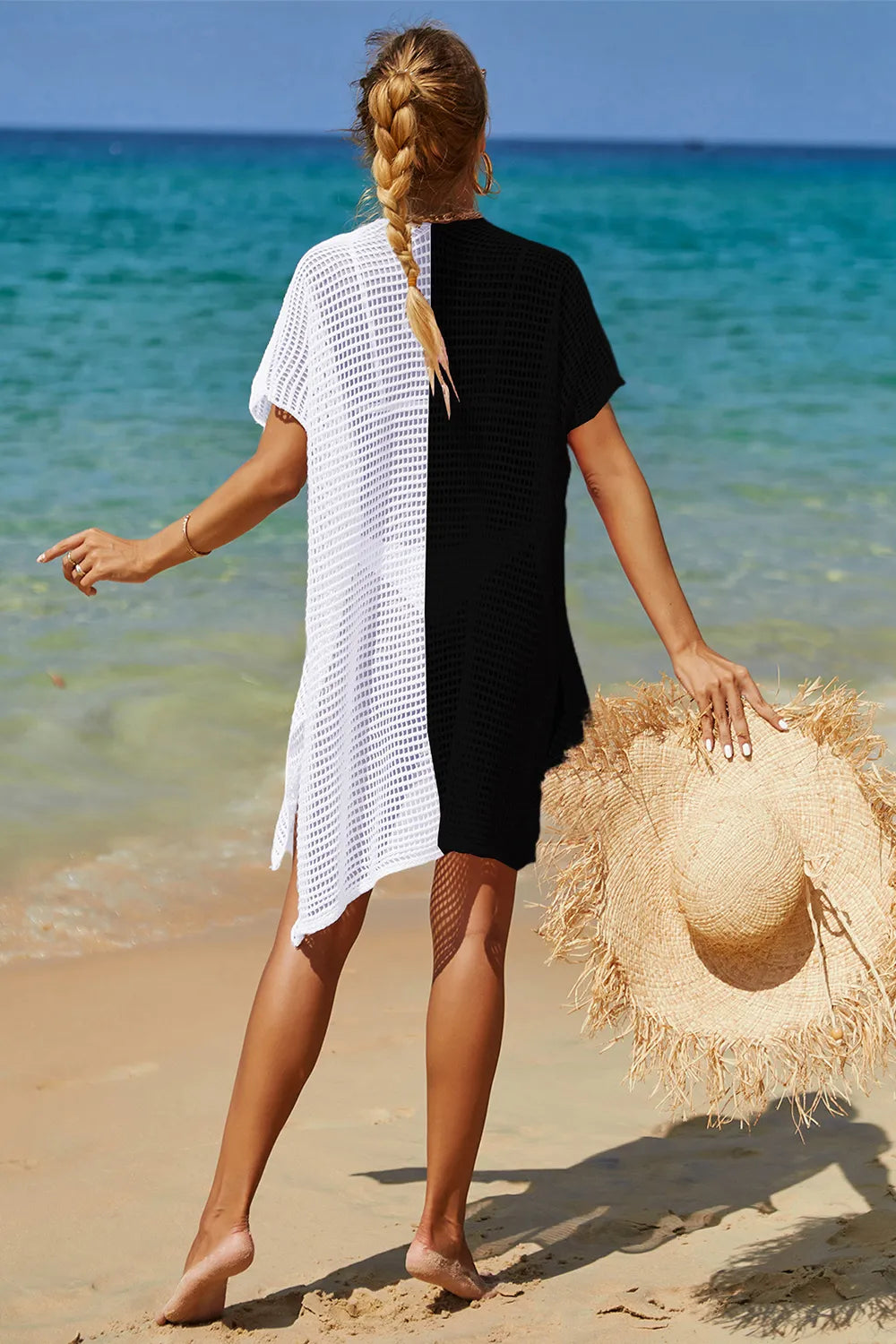 Angel Wings Openwork Contrast Slit Knit Cover Up - kinko