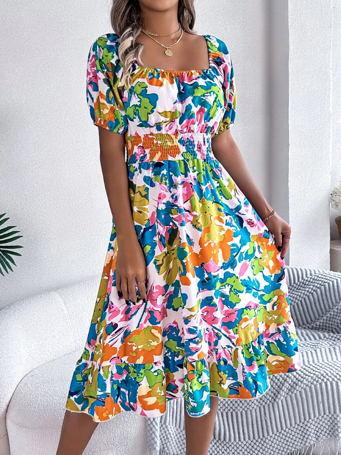 Ruffled Hem Smocked Floral Short Sleeve Midi Dress - kinko