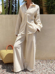 Women's Summer Solid Color Pleated Shirt And Wide Leg Pants - kinko
