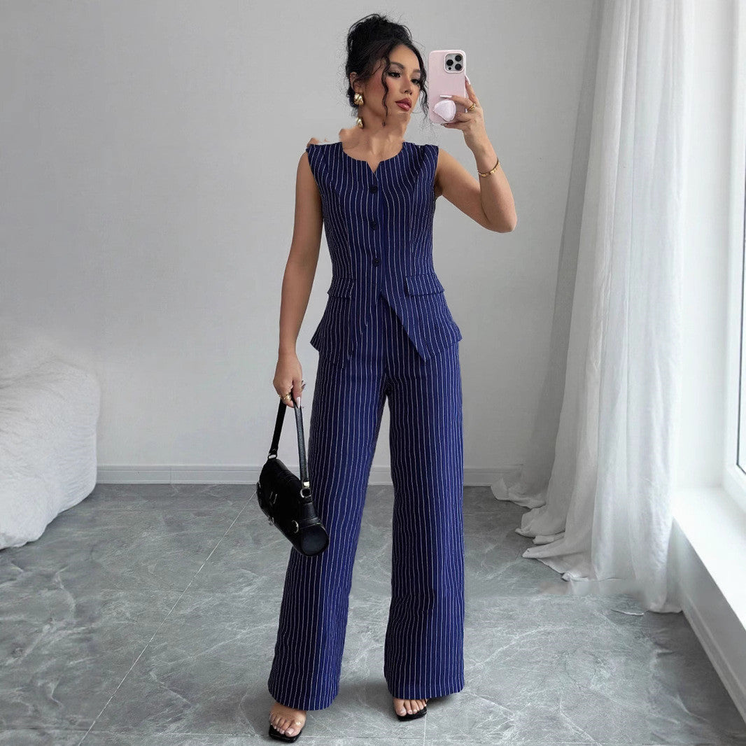 Casual Striped Short Style Lapel Suit Straight-leg Pants Suit - kinko