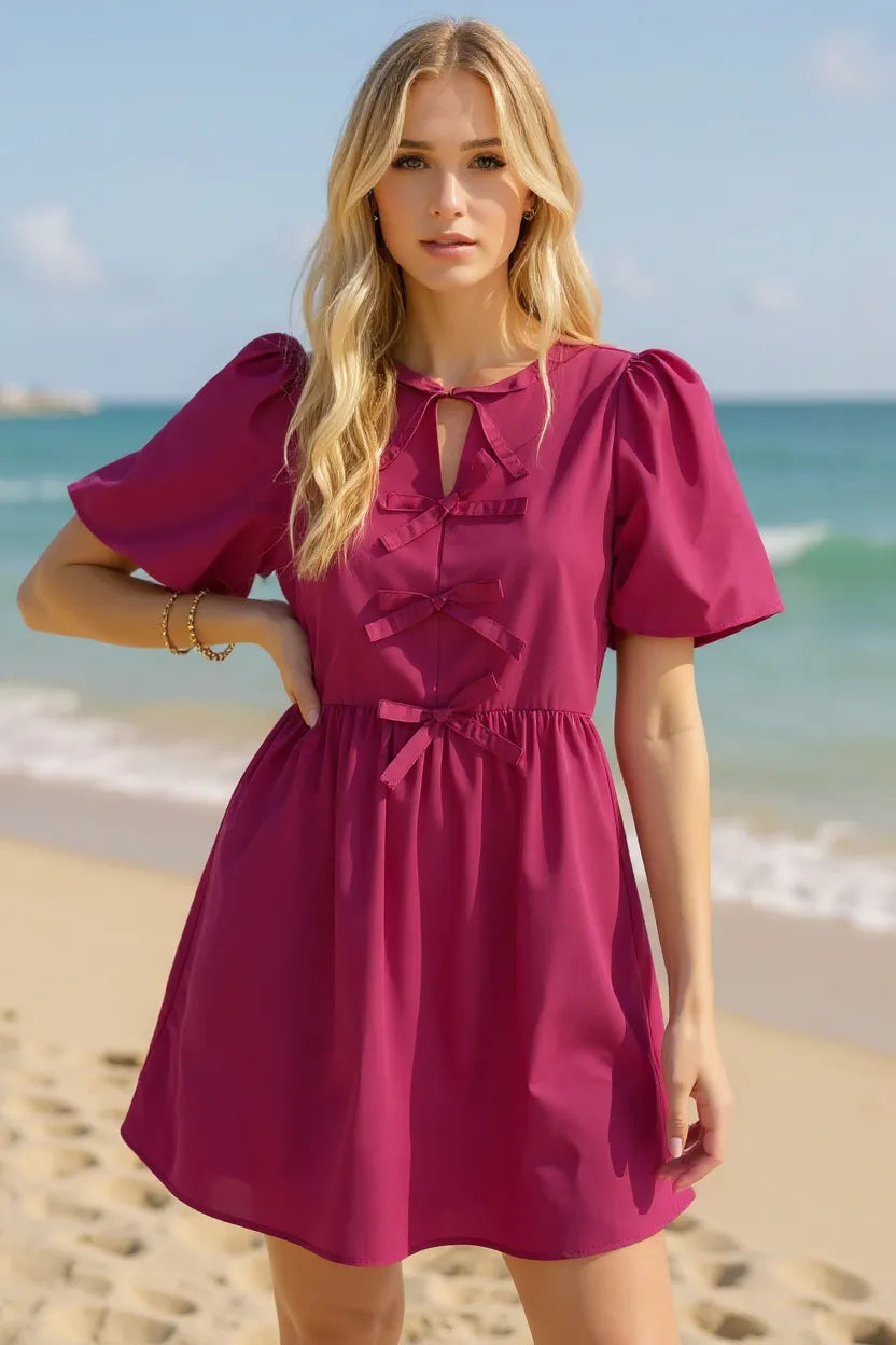 Oh Bow Ruched Puff Sleeve Mini Dress - kinko