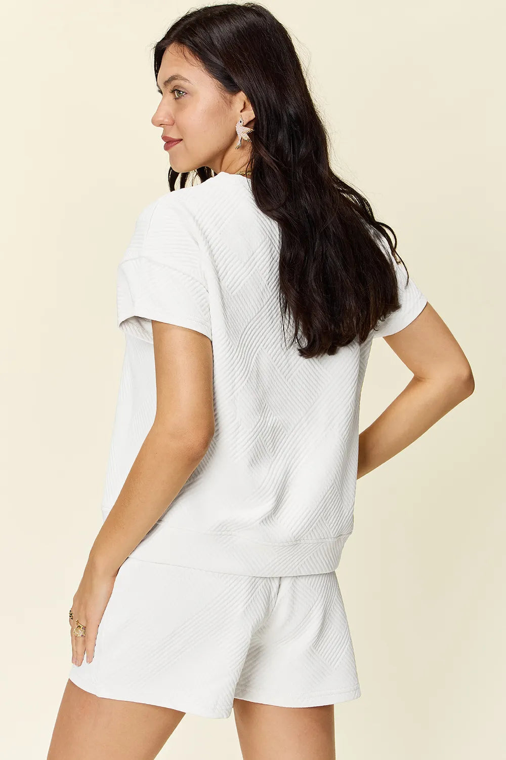 Double Take Full Size Texture Short Sleeve T-Shirt and Drawstring Shorts Set - kinko