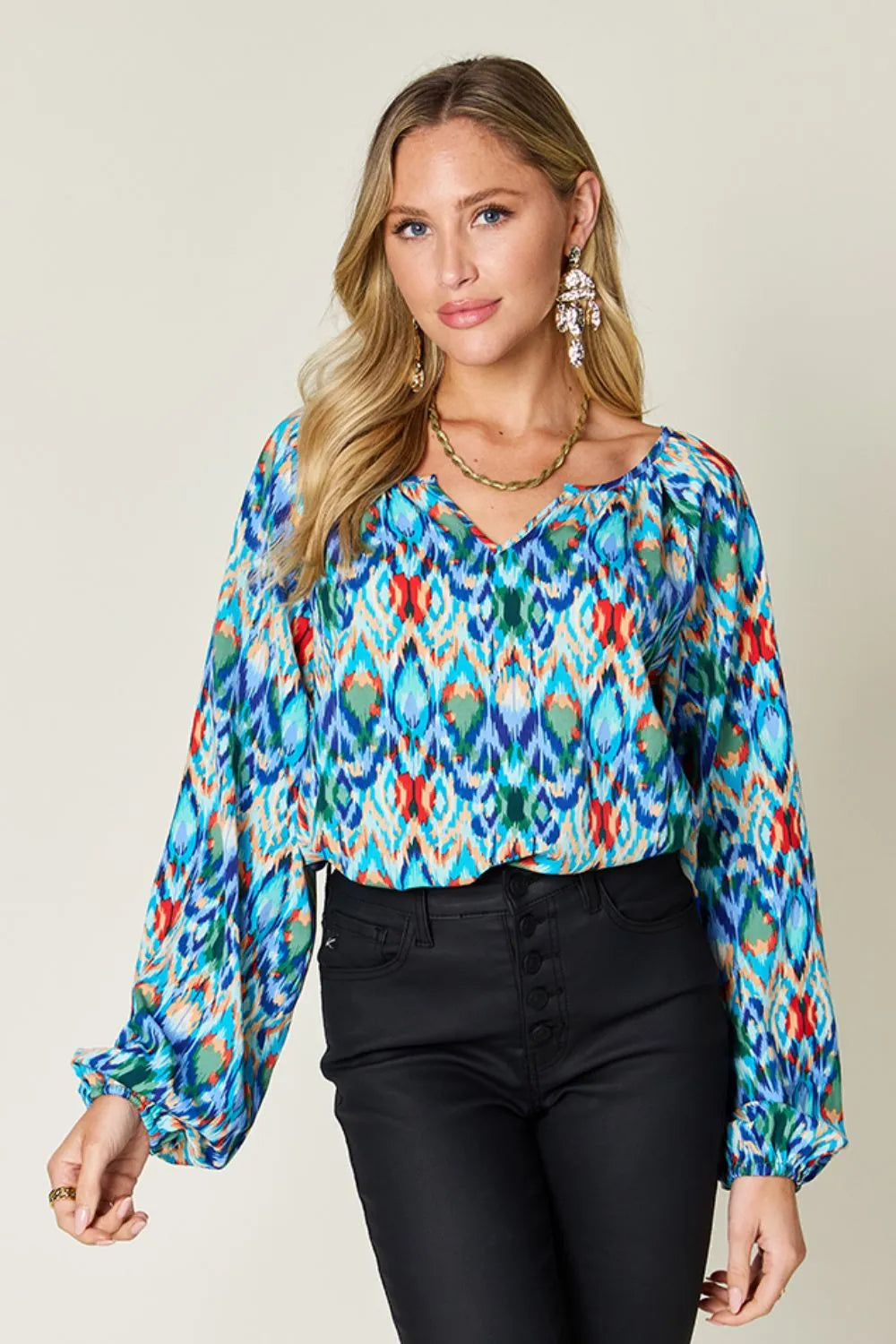 Double Take Full Size Printed Balloon Sleeve Blouse - kinko