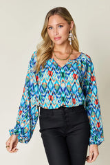 Double Take Full Size Printed Balloon Sleeve Blouse - kinko