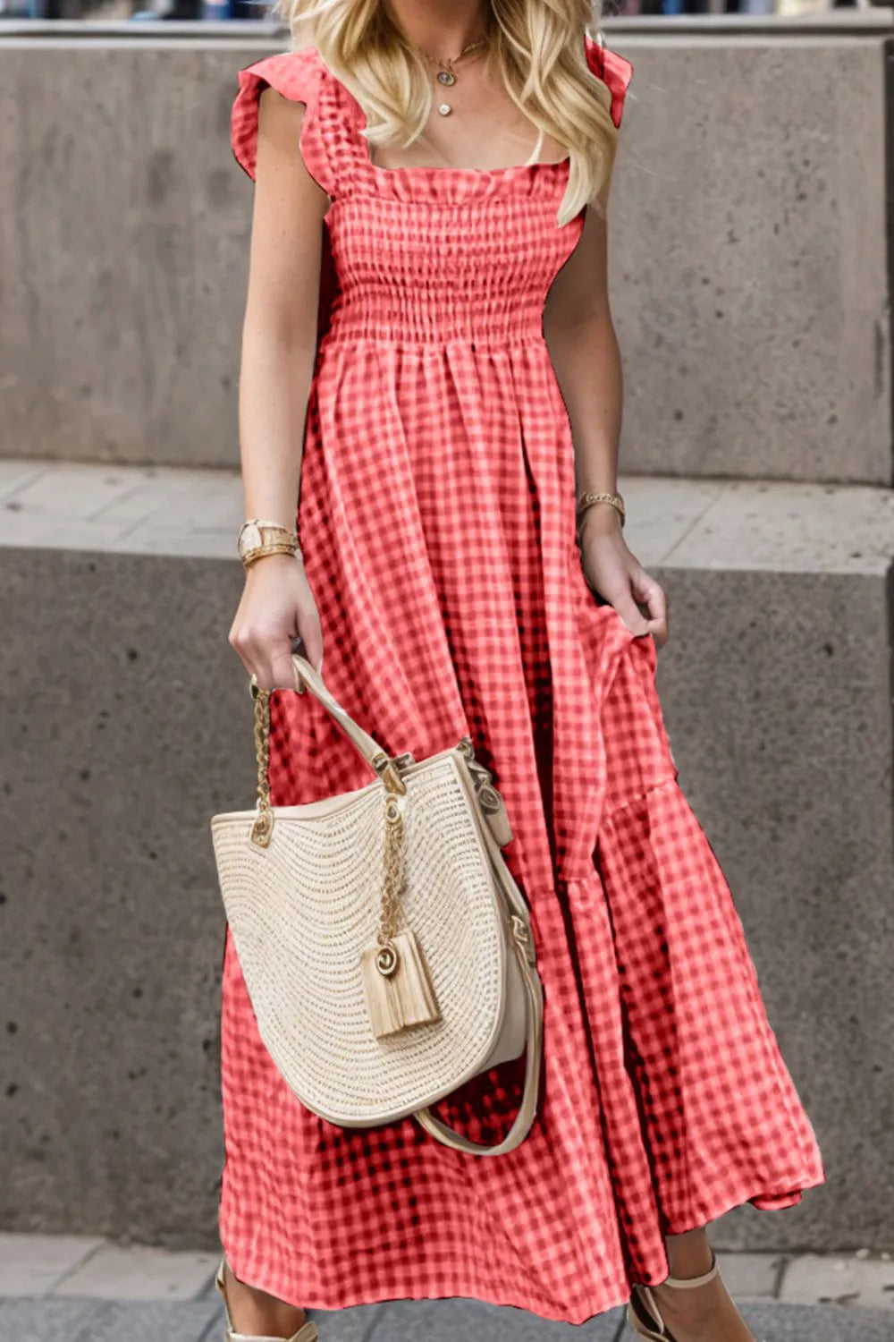 Full Size Smocked Ruffled Plaid Ruffle Hem Dress - kinko