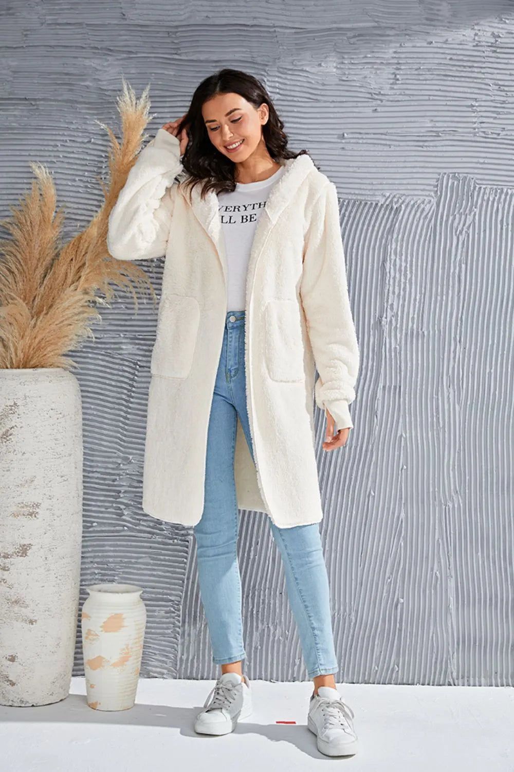Double Take Full Size Hooded Teddy Bear Jacket with Thumbholes - kinko