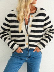 Button Down Striped Long Sleeve Cardigan - kinko