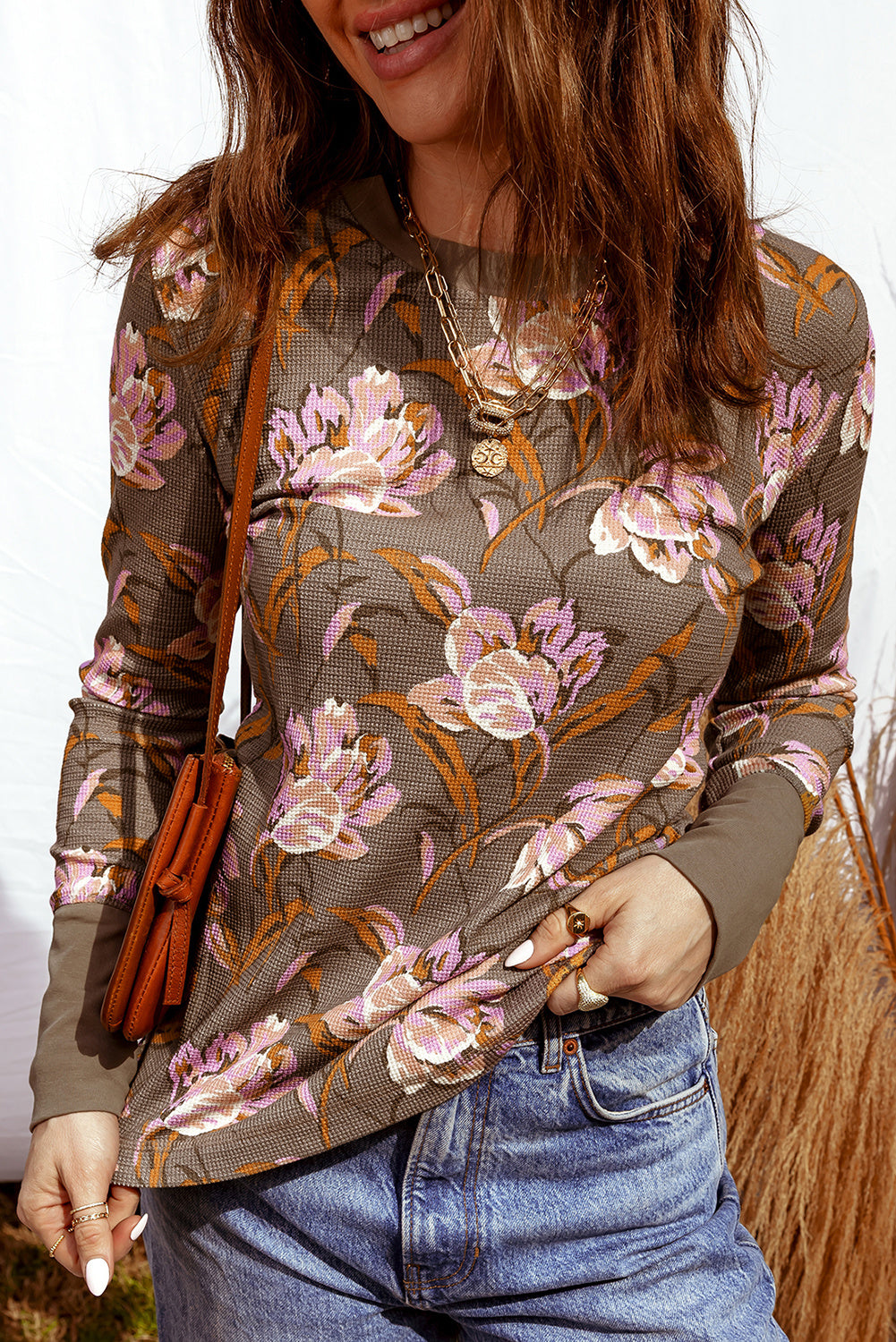 Brown Floral Print Waffle Textured Long Sleeve Top - kinko