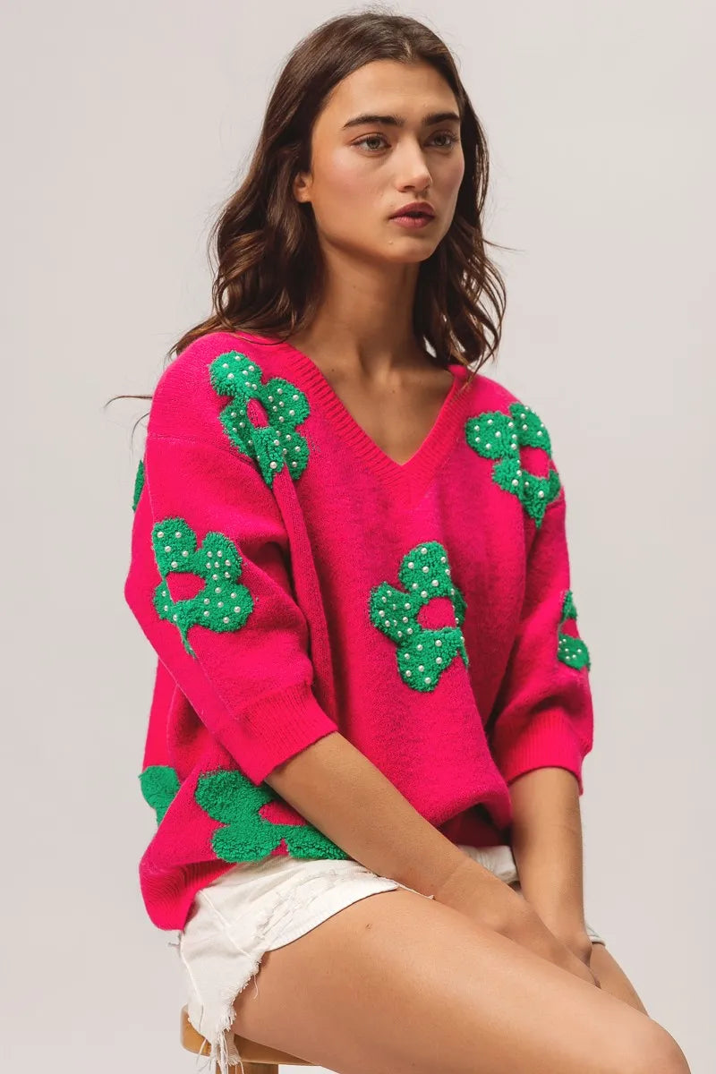 BiBi Pearl Beads Flowers Sweater Top - kinko